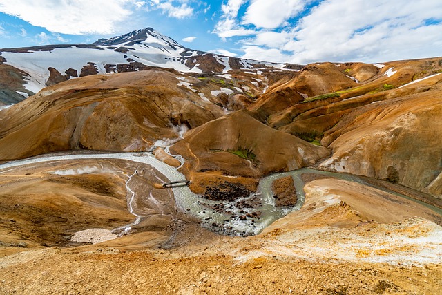 volcano, sulfur, bach, sand, stones, snow, mountain, steam, ryolite, nature, iceland